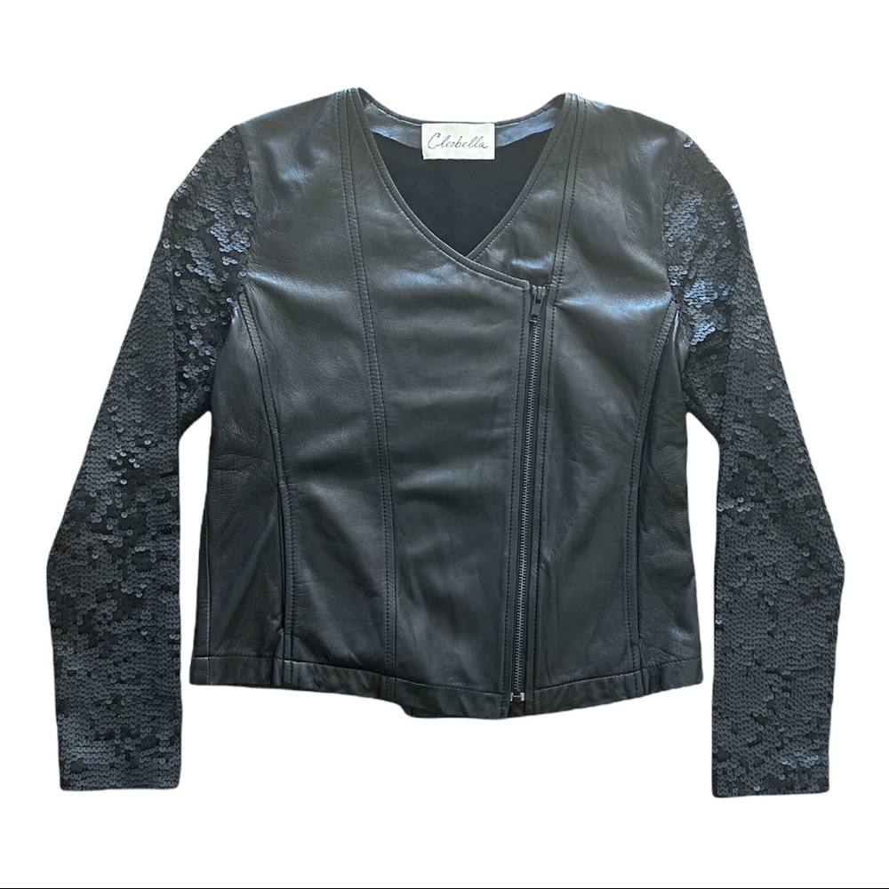 Black Cleobella Moto Jacket w Sequin Sleeves Small